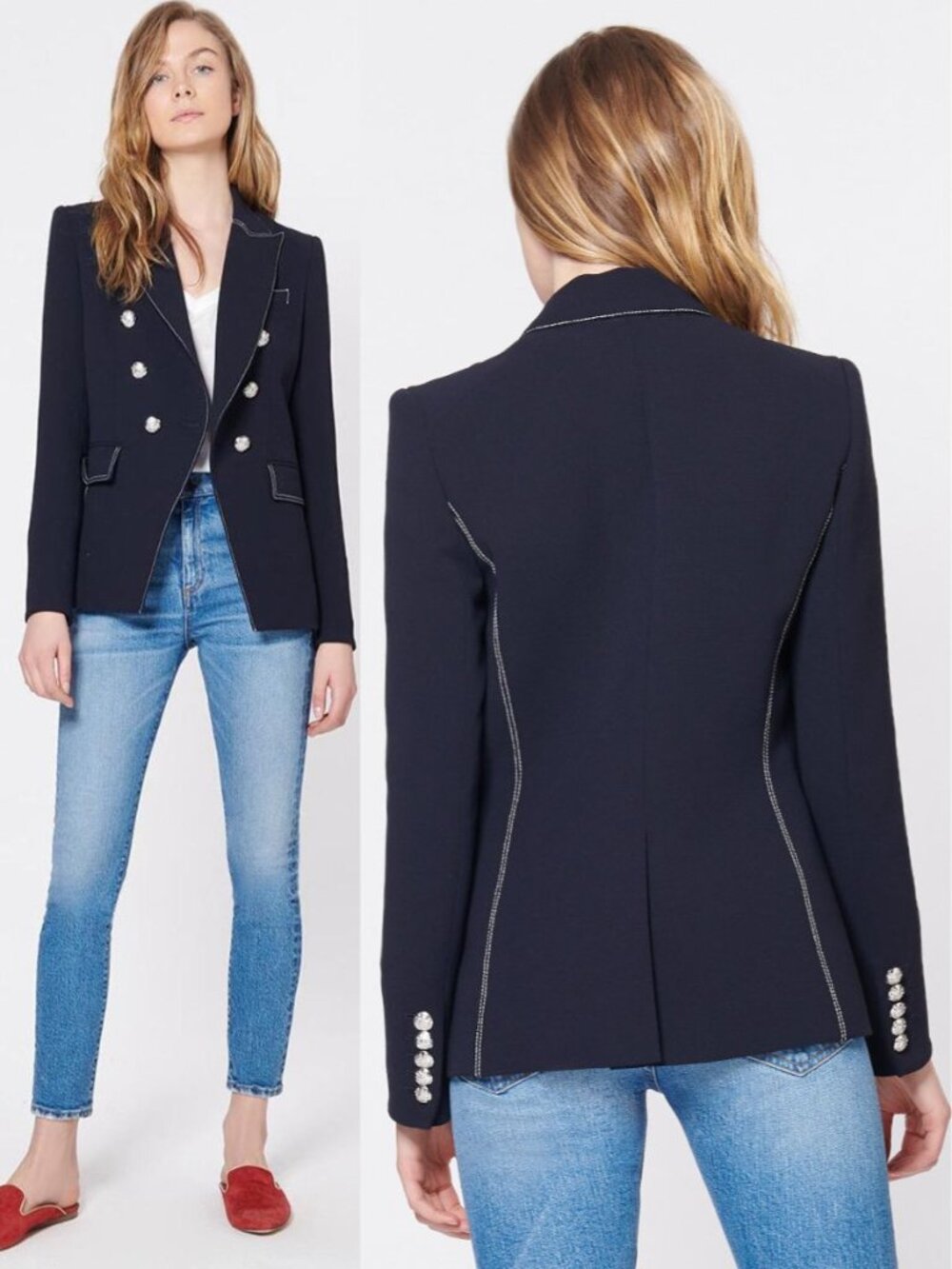 Veronica Beard Miller Blazer Navy Contrast Trim Dickey Double Breasted Jacket 6
